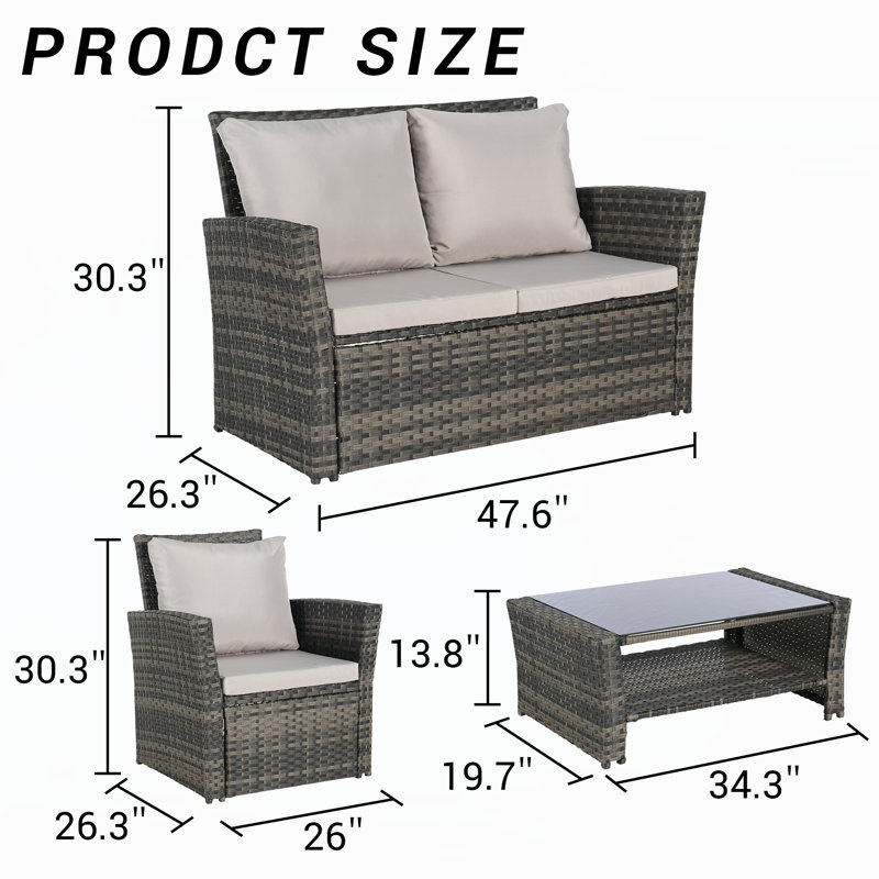 4 Pieces Outdoor Patio Furniture Sets, Light Gray
