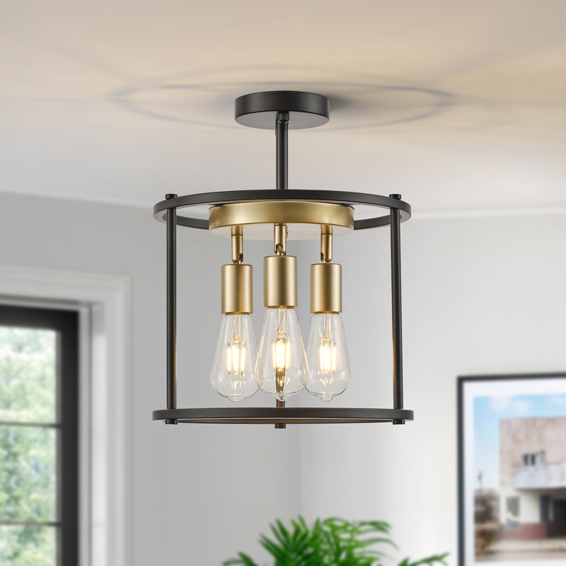 3-Light Industrial Cage Dimmable Semi Flush Mount Ceiling Light