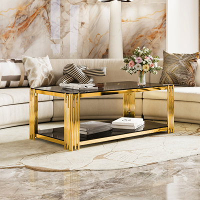 Table basse moderne à miroir noir avec structure asymétrique en métal