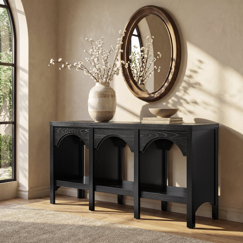 60" Modern Console Table, Entryway Table with Open Shelf and Arched Design for Hallway & Living Room, Black