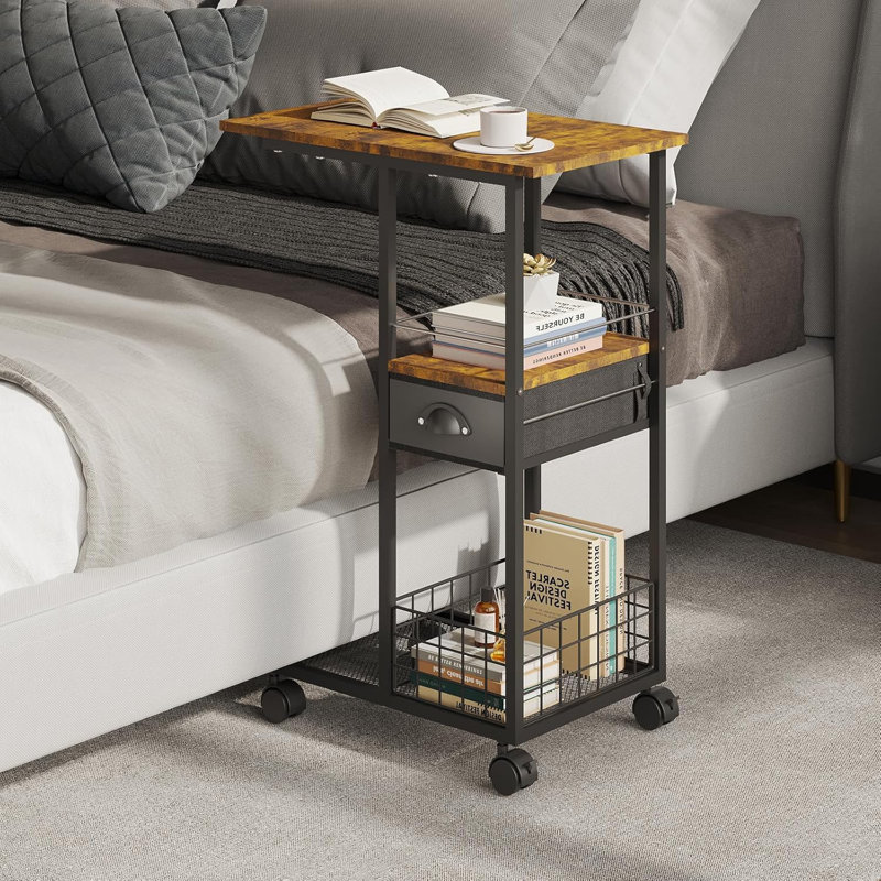 C Shaped Sofa Side Table: Couch End Table With Drawer - Bedside Table With Wheels - 19.7''L X 11.8''W X 28''H - C Mobile Tables With Storage Basket For Living Room Bedroom