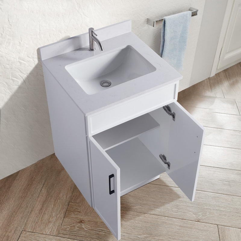 Capot - 3 W 24,00 po X P 22,00 po P 35,00 po Meuble-lavabo autoportant H en bois blanc avec plateau blanc