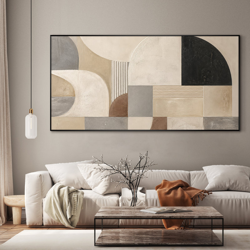 Très grand art mural imprimé sur tissu - Motif d'arche géométrique beige, décoration de salon moderne - «Assemblage requis du cadre (cadre non fini)»