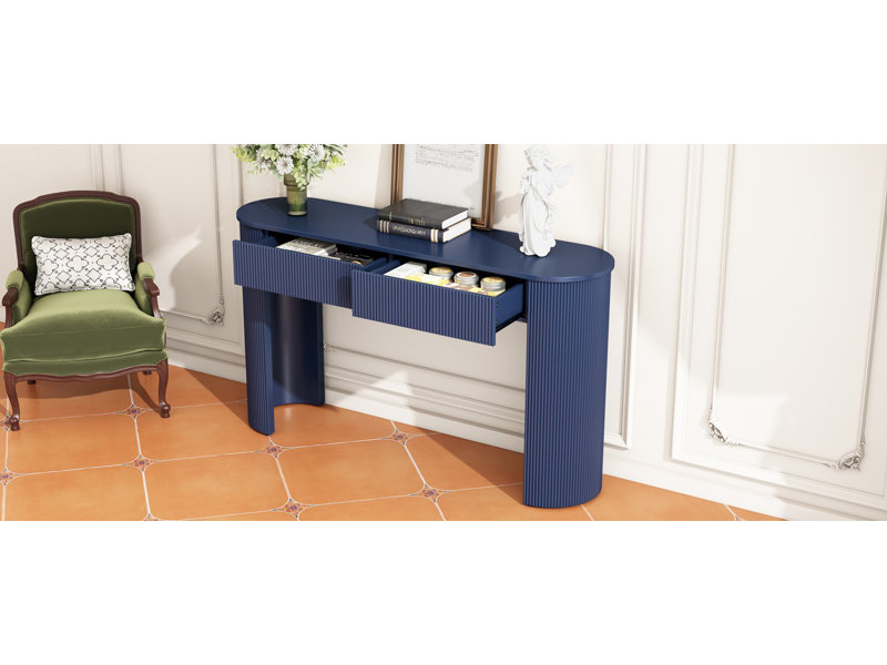 TREXM Entryway Table with Fluted Design, Modern Console Table with Storage, Oval Top and 2 Drawers, Navy