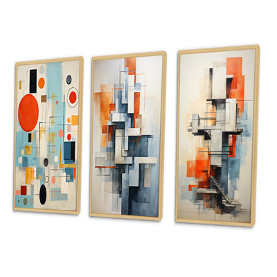 " Blue Orange Mid Century Abstract Retro " 3 - Pieces