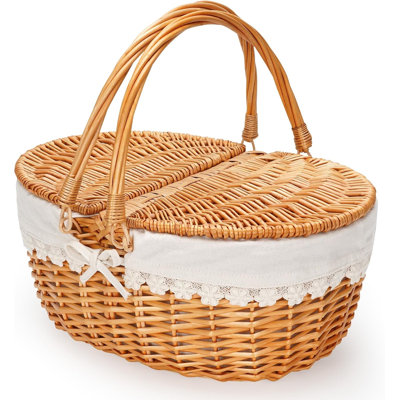 Wicker Picnic Basket with Liner & Lid, Empty Vintage Picnic Hamper with Folding Woven Handle for Picnic, Camping, Outdoor Party, Cream