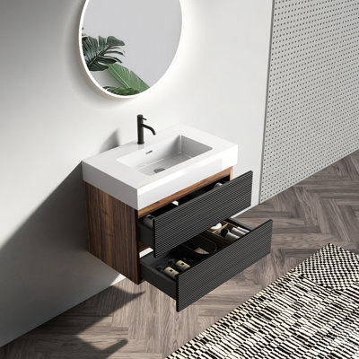 Meuble-lavabo mural de 30 pi avec lavabo et tiroirs à fermeture douce, lavabo blanc lustré, panneaux de style Mid-Century E1, meuble-lavabo sécuritaire pour tous les utilisateurs, flottant, double parois en bois d'ingénierie