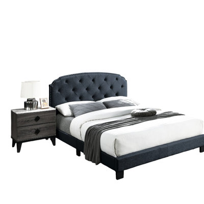 Button Queen Size Bed In Charcoal Burlap, European Design, Middle Support, No Box Spring Needed Frame With Burlap Headboard, Support Legs,