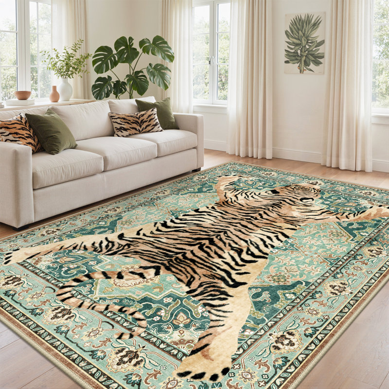 Veatrice Zephyr Tiger Print Turquoise Machine Washable Non-Slip Area Rug, Rectangle 9' x 12'