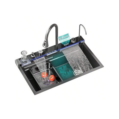 Gun Gray Waterfall Family Kitchen Sink Stainless Steel Pull-Out Faucet with Full set