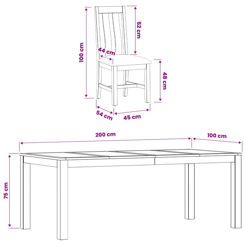 Oak Solid Wood Dining Set, 75cm H x 200cm W x 100cm D, 9