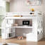 Lit mezzanine blanc avec bureau, tablettes, deux tiroirs et escalier de rangement polyvalent pleine grandeur