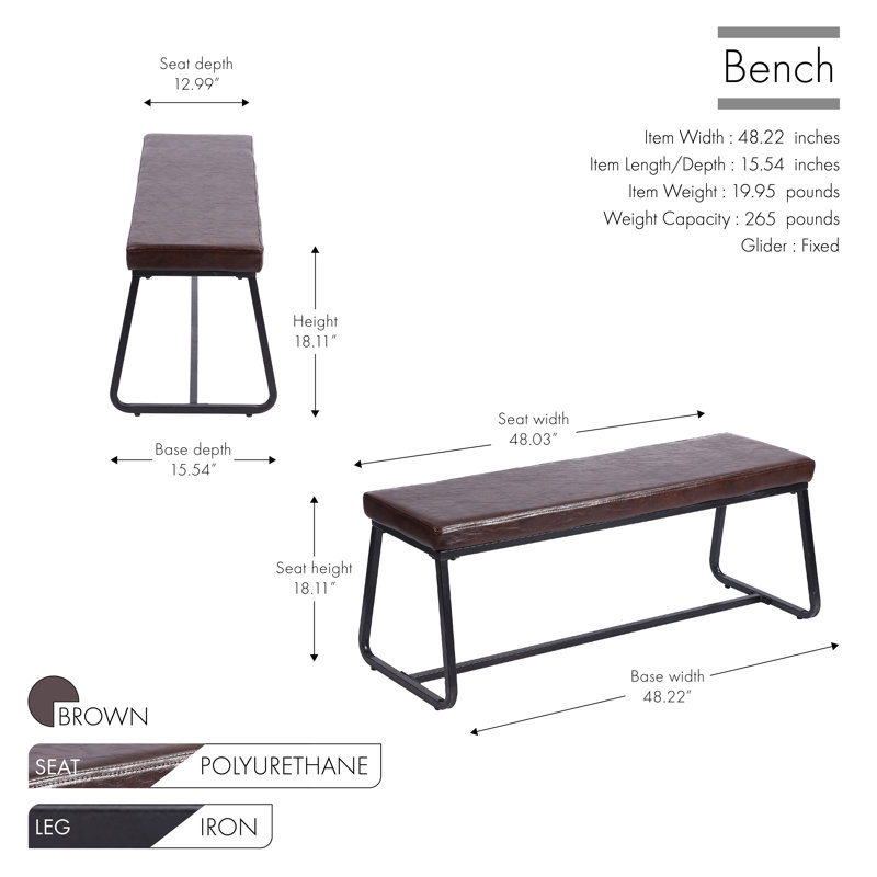 Banc rembourré en similicuir Audet, Brun / noir, H 18,11 po x l 48,22 po x P 15,54 po