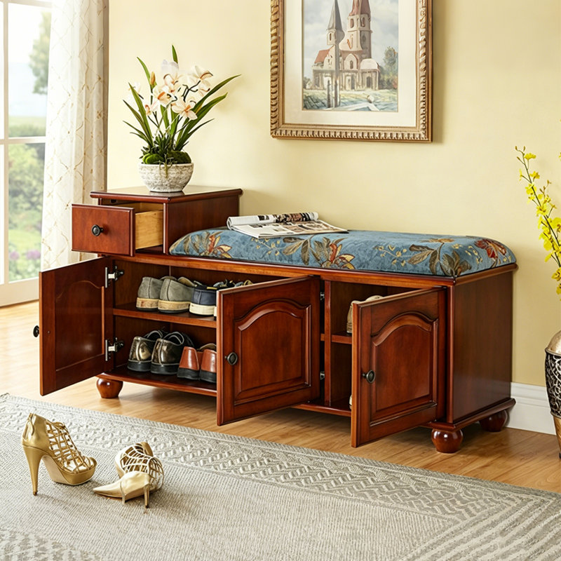 Banc à chaussures à porte coulissante en bois d'hévéa brun de style américain, 39,37 po, H 23,62 po x l 39,37 po x P 13,78 po