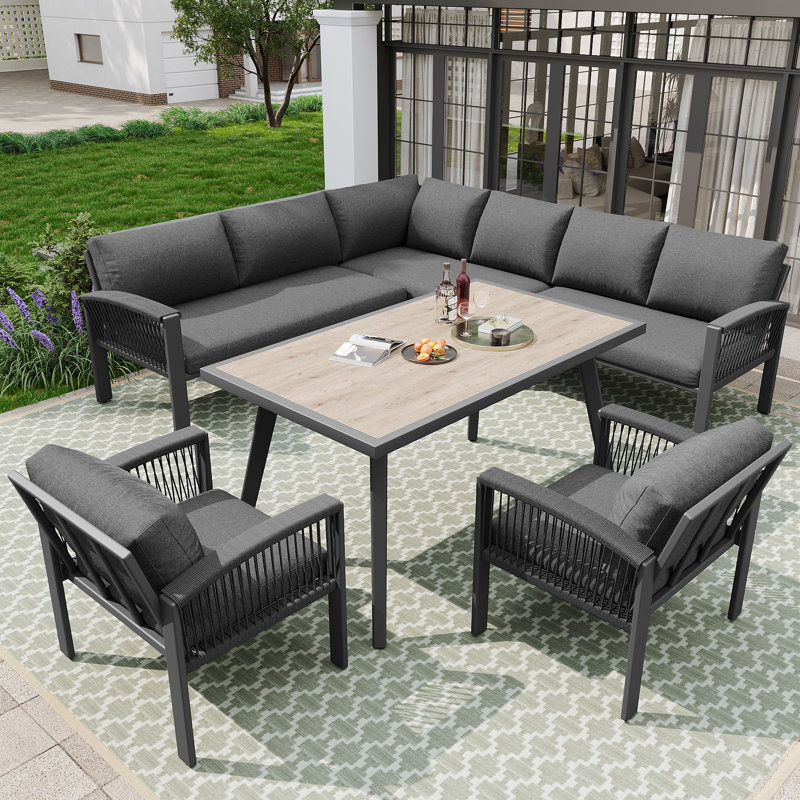 6-piece Outdoor Sofa Set - Galvanized Iron Frame, Uv-resistant Rope, Adjustable Legs, Thick Cushions, Black, Dark Grey