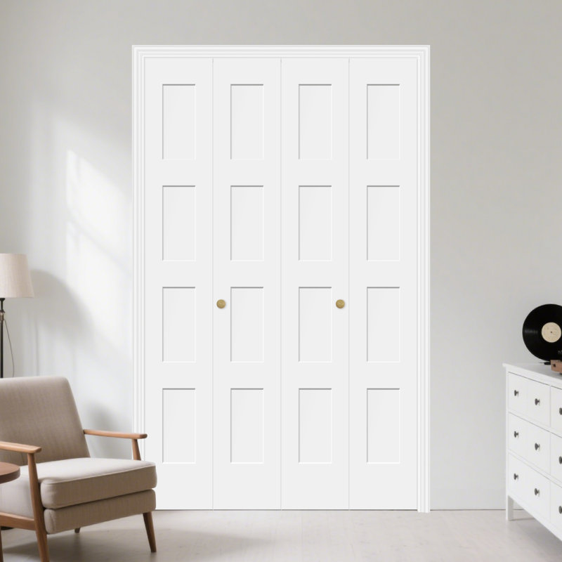 Porte pliante en bois manufacturé blanc à 4 panneaux avec base en bois massif apprêté blanc avec trousse de quincaillerie d'installation