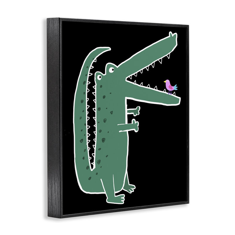 Alligator et oiseau sur estampe numérique noire, design par Carla Daly, H 20 po x l 16 po, Giclée encadrée noir minuit
