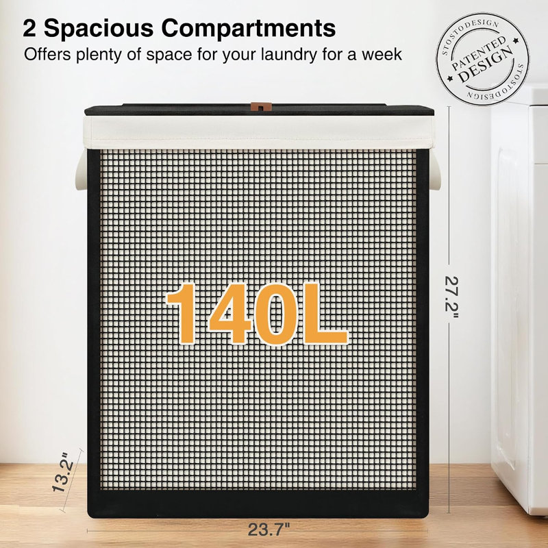 Panier à linge à 2 compartiments avec couvercle, 140 L, structure en acier, doublure amovible à cordon de serrage, idéal pour la chambre, la salle de bain et la buanderie.