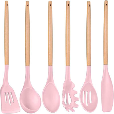 6-Piece Pink Kitchen Utensil Set with Wooden Handles