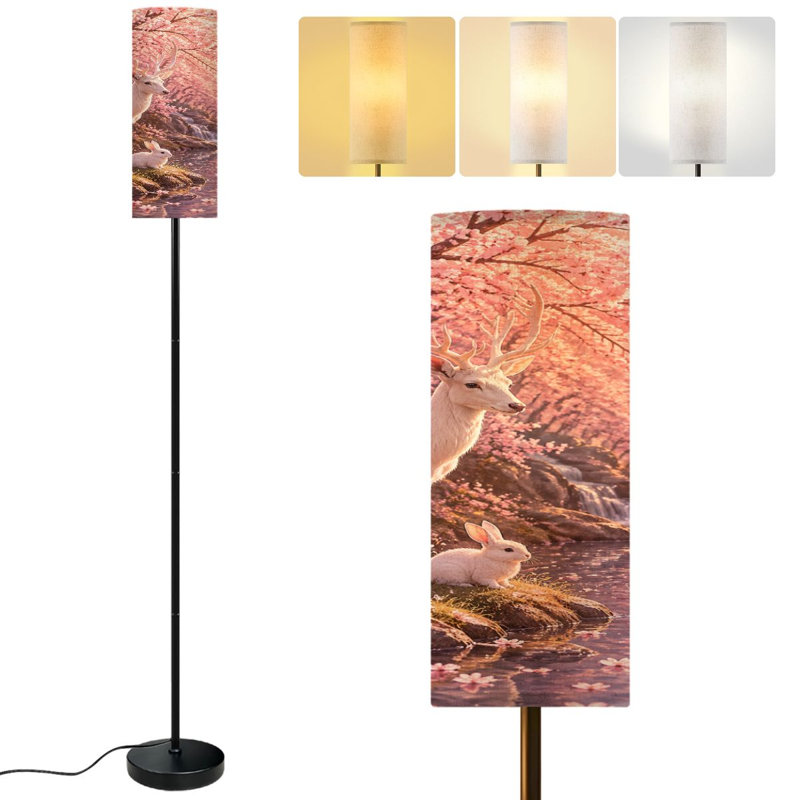  68.5" Standing Floor Lamp Majestic White Deer Rabbit Swan Blossom Filled Spring Landscape Dimmable Metal Pole Lamp with Linen Lampshade LED Bulb Included