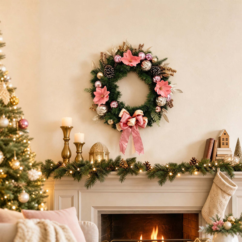 Couronne de Noël 24 po avec 20 lumières DEL, fleur de pin, boule et boule pour porte d'entrée, manteau de cheminée et décoration de fenêtre 24 po