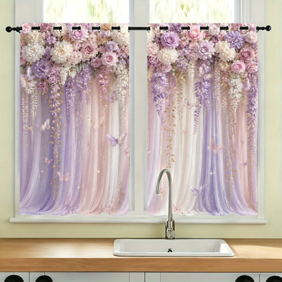 2Pcs Romantic Floral Cascading Blackout Curtains, Drapes with Butterflies,Thermal & Noise Reducing Voile Window Treatments for Living Room, Bedroom, Home Decor
