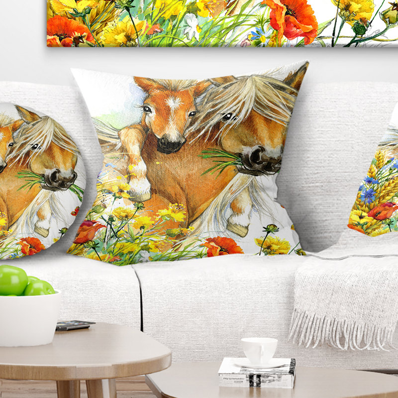 Cheval et poulain avec fleurs - Coussin imprimé animal, 16 po x 1 po, Coussin décoratif