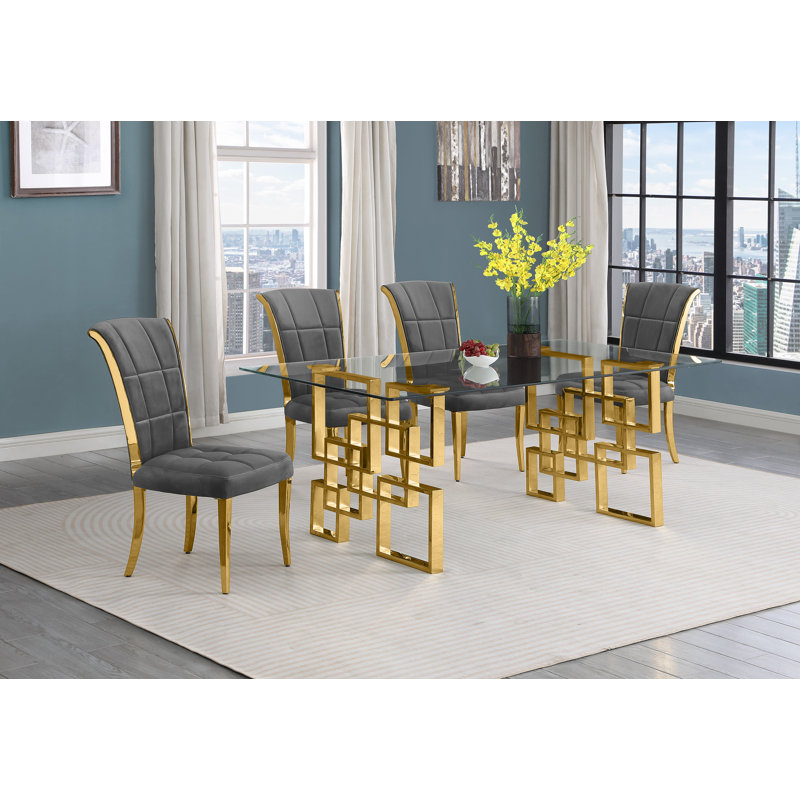 Joneisha Clear Tempered Glass 79'' L x 40'' W Dining Set with Velvet Chairs, 5, Dark Gray/Gold, Gold
