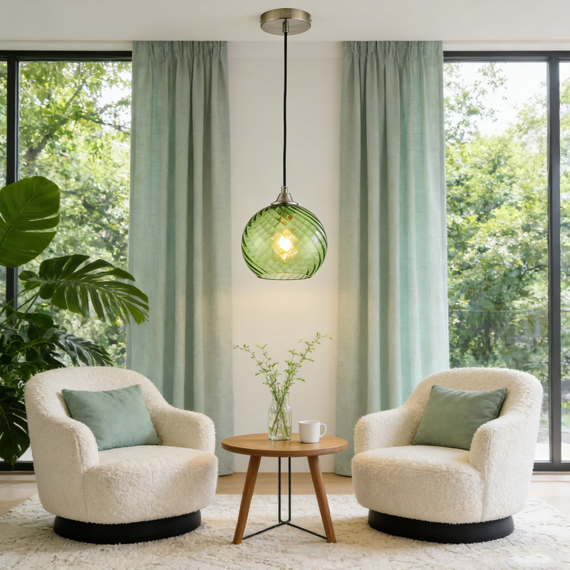 Luminaire suspendu en verre avec abat-jour en verre transparent rayé de 7,87 po, Vert
