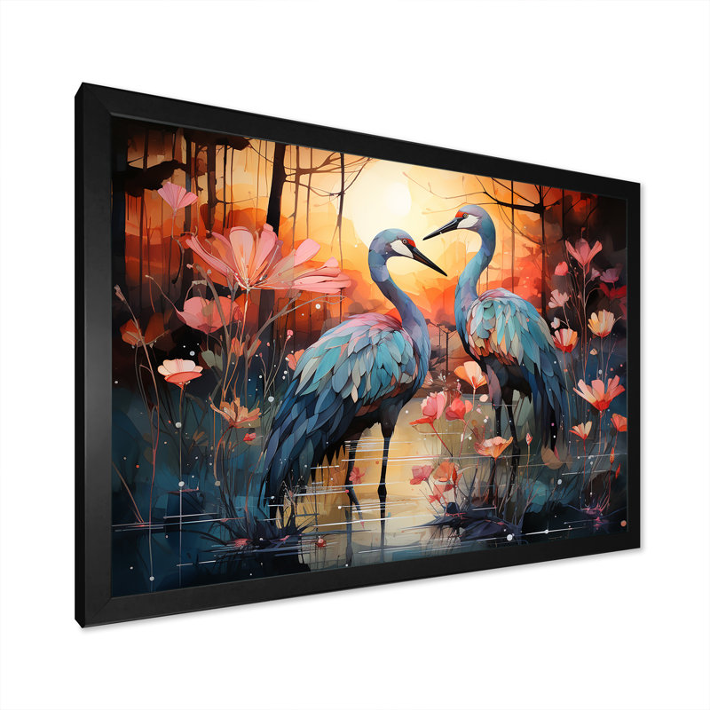 Flamant crépuscule sur toile, Cadre simple noir, H 16 po x l 32 po x P 1,5 po