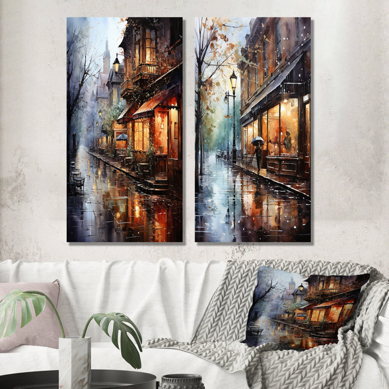 1950's Street In Paris Impression - Stores & Boutiques, ensemble de 2 toiles d'art mural, H 28 po x l 25 po, Toile tendue
