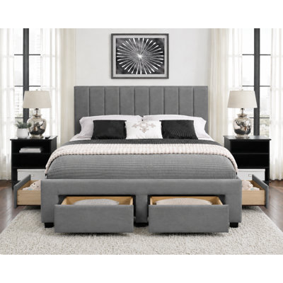 Grey Linen Storage Platform Bed with 4 Drawers, Tufted Upholstered Bed Frame, No Box Spring Required, Double