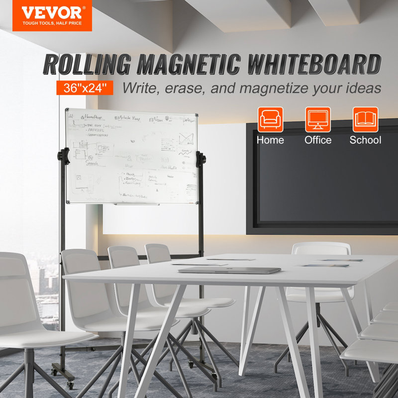 Tableau blanc magnétique roulant, tableau blanc mobile double face 36 po x 24 po, tableau effaçable à sec à hauteur réglable avec roulettes, 1 marqueur effaçable magnétique et 3 marqueurs effaçables à sec et plateau mobile, école