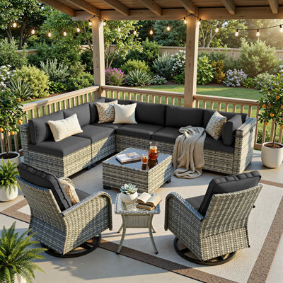 Ensemble de conversation modulaire en osier 10 pièces avec chaises berçantes pivotantes, table basse et table d'appoint, ensemble de conversation pour patio toutes saisons