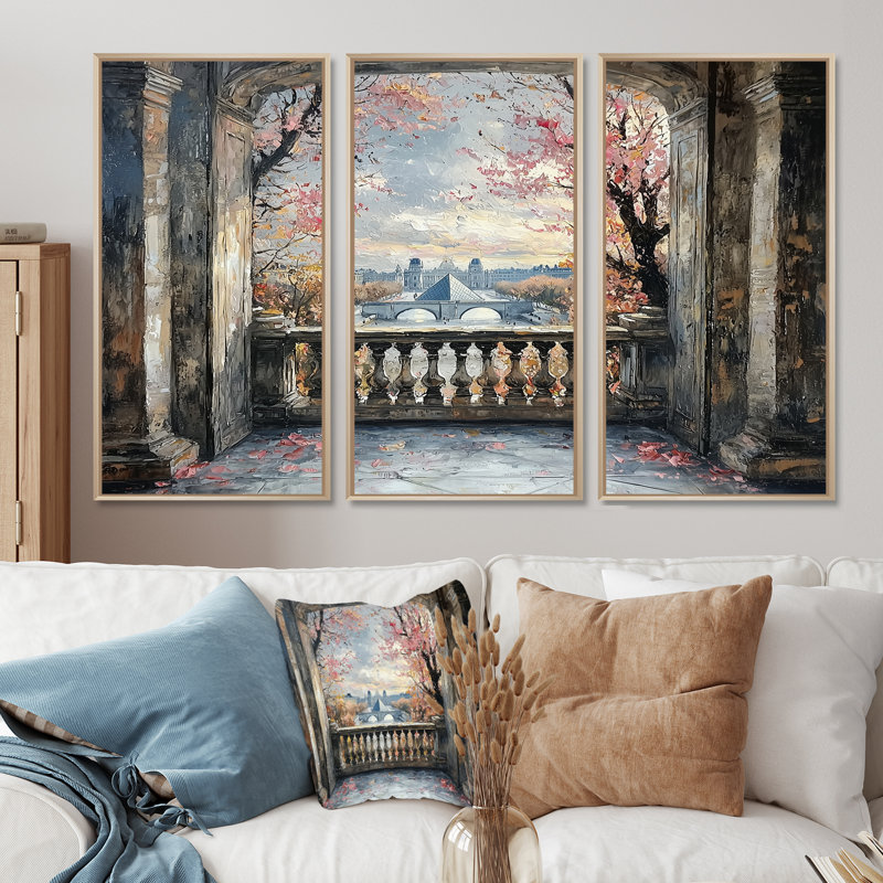 Ensemble de salon rouge Parisian Elegance Louvre Musee - City Paris Wall Art, Toile naturelle avec cadre flottant