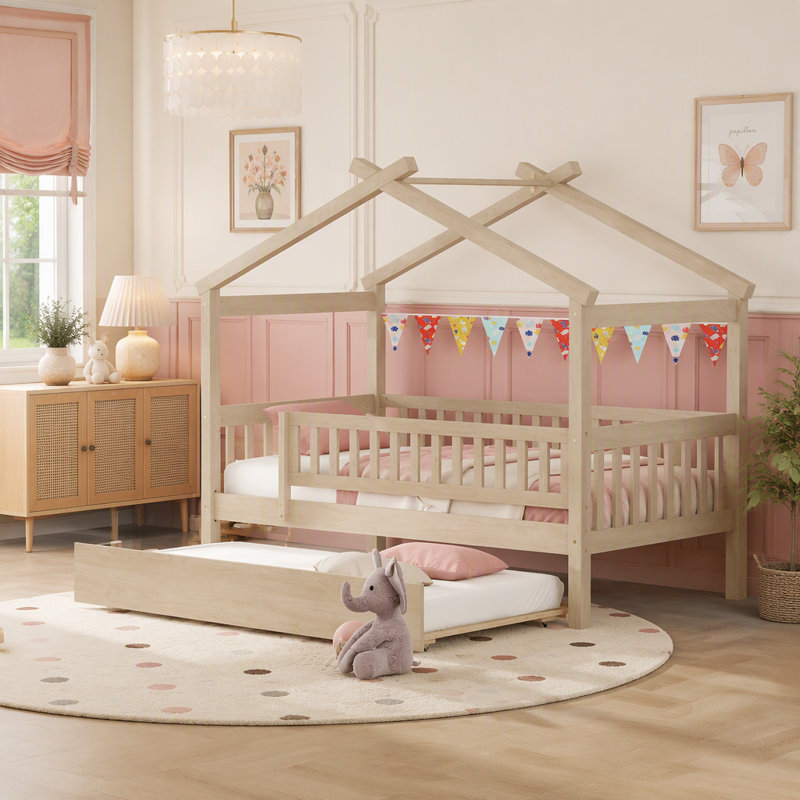 Enchanting Bed House en bois avec lit gigogne simple, un espace de rêve pour dormir, Natural