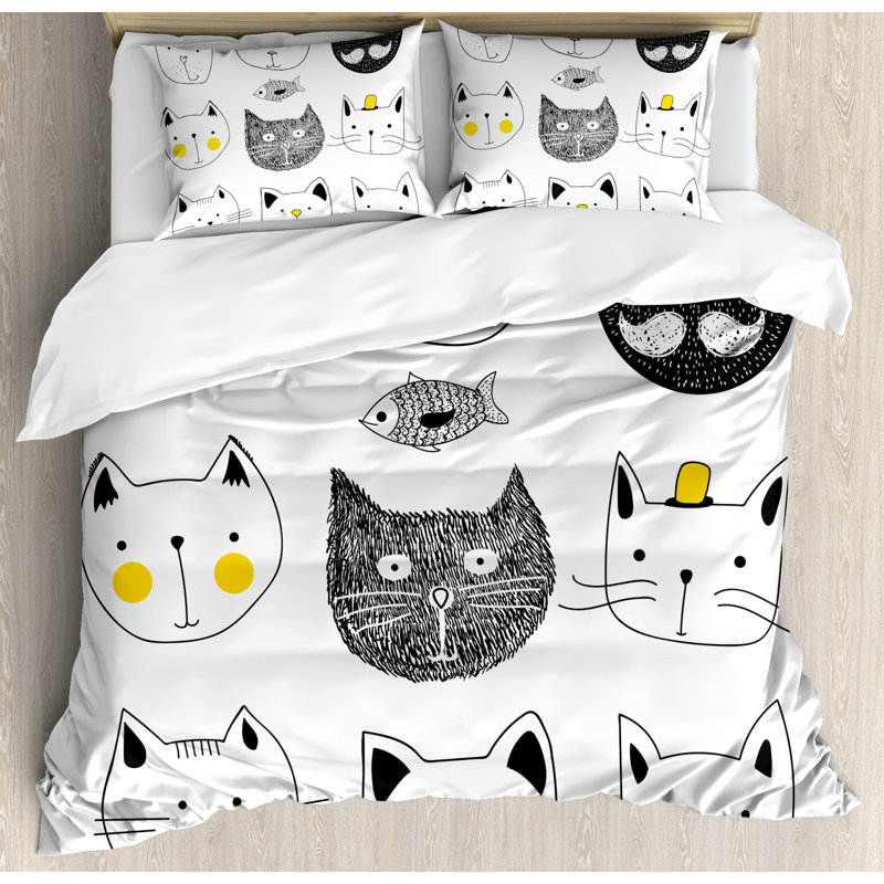 Queen Black and White Cat Print Duvet Cover Set