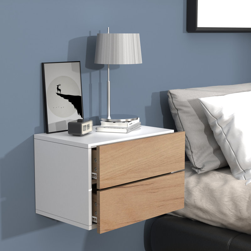Avyion Manufactured Wood Bedside Table, White/Oak wood, 30cm H x 45cm W x 32cm D