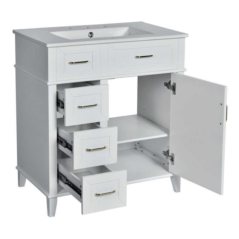 Meuble-lavabo autoportant de 30 po avec lavabo en céramique, armoire moderne avec 3 tiroirs à fermeture en douceur, tablette réglable et poignées dorées luxueuses