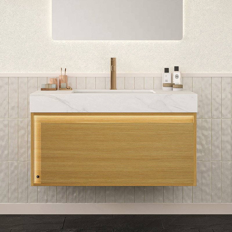 Meuble-lavabo 36 po, armoire de rangement flottante ultra-mince en contreplaqué, tiroir avec capteur de lumière, plateau en pierre frittée blanc de Carrare et lavabo encastré en céramique, grain de bois clair