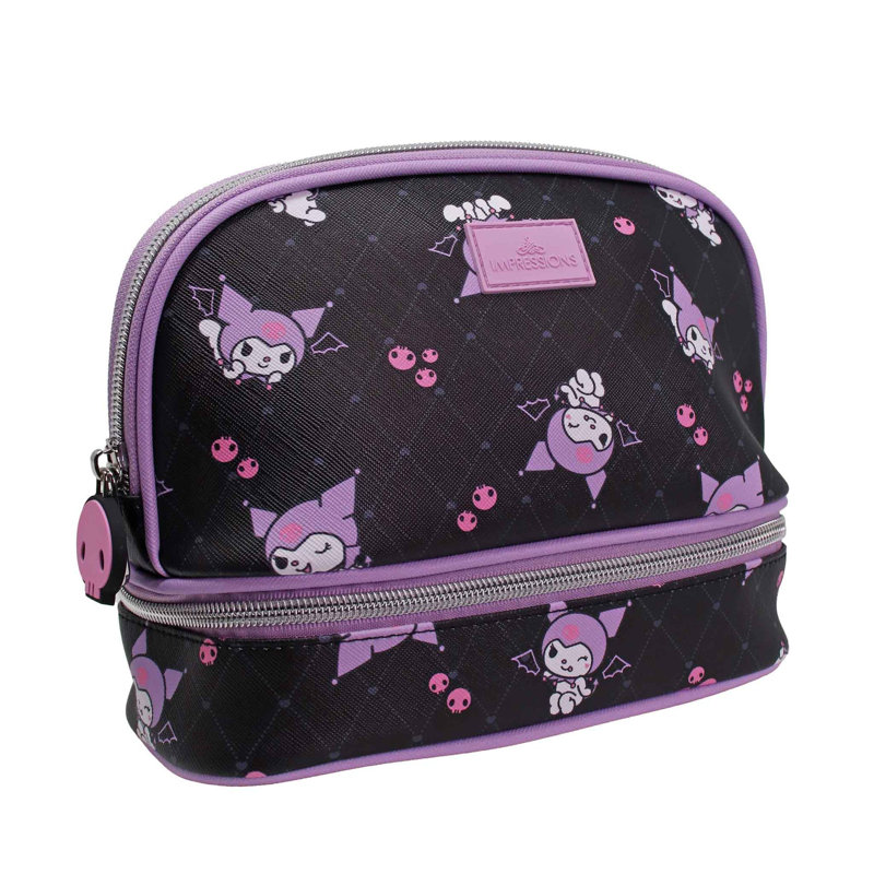 Kuromi Double Layer Makeup Organizer Bag with Stylish Travel Cosmetic Bags for Women, and Slip Pocket, Unzip Bottom Tier Compartment, Silver Hardware, Makeup Brush, and Accessories