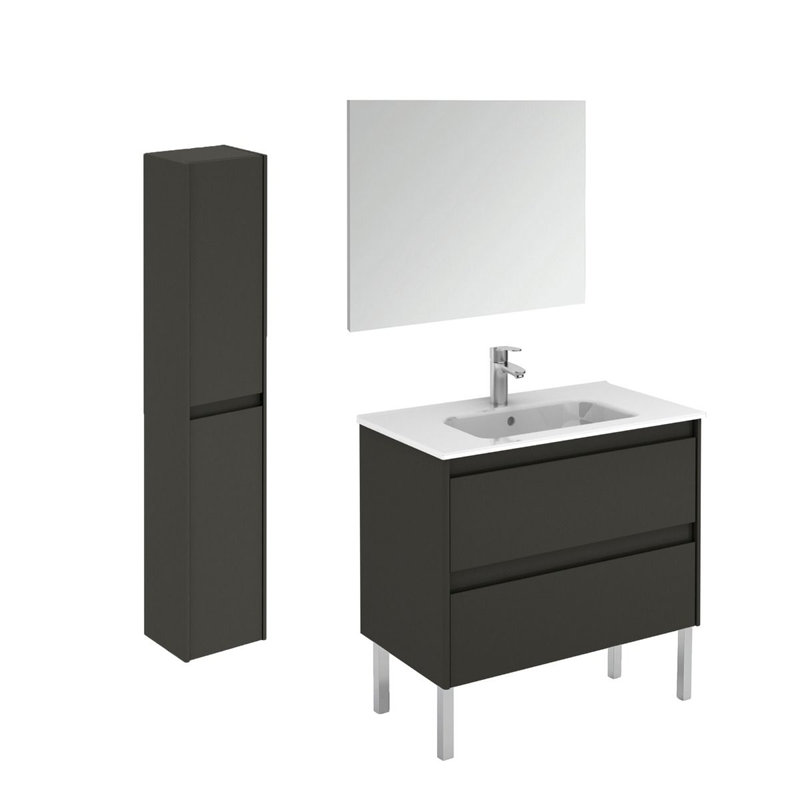 Ambra 32'' Glossy Anthracite Modern Bathroom Vanity with Integrated Ceramic Sink and Mirror