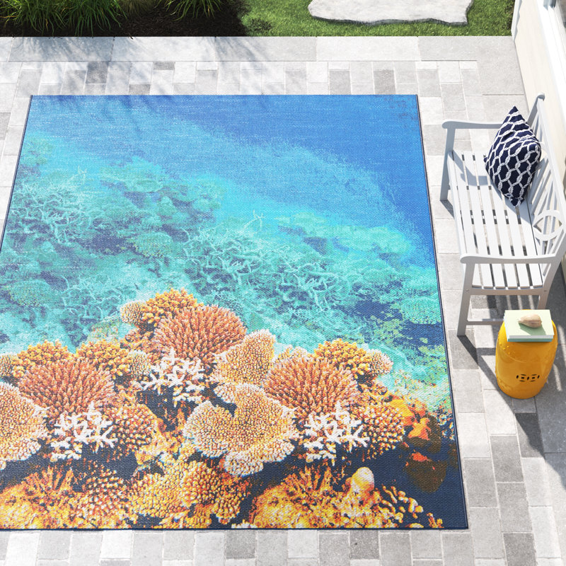 Tapis intérieur / extérieur bleu / orange Ethem, Rectangle 4 pi x 6 pi