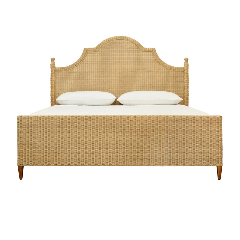 Bed Frame with Arched Headboard, Side Rails, and Footboard in Rattan with Wood Feet, King