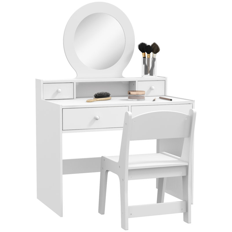 Ensemble de coiffeuse Harriet Bee Kids, coiffeuse pour enfants avec miroir, table de maquillage pour enfants avec tabouret et tiroirs de rangement, pour les enfants de 3 à 8 ans
