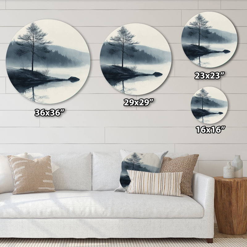 «Monocrhome Tree Smoky By The Lake», art mural traditionnel en métal blanc, H 23 po x l 23 po