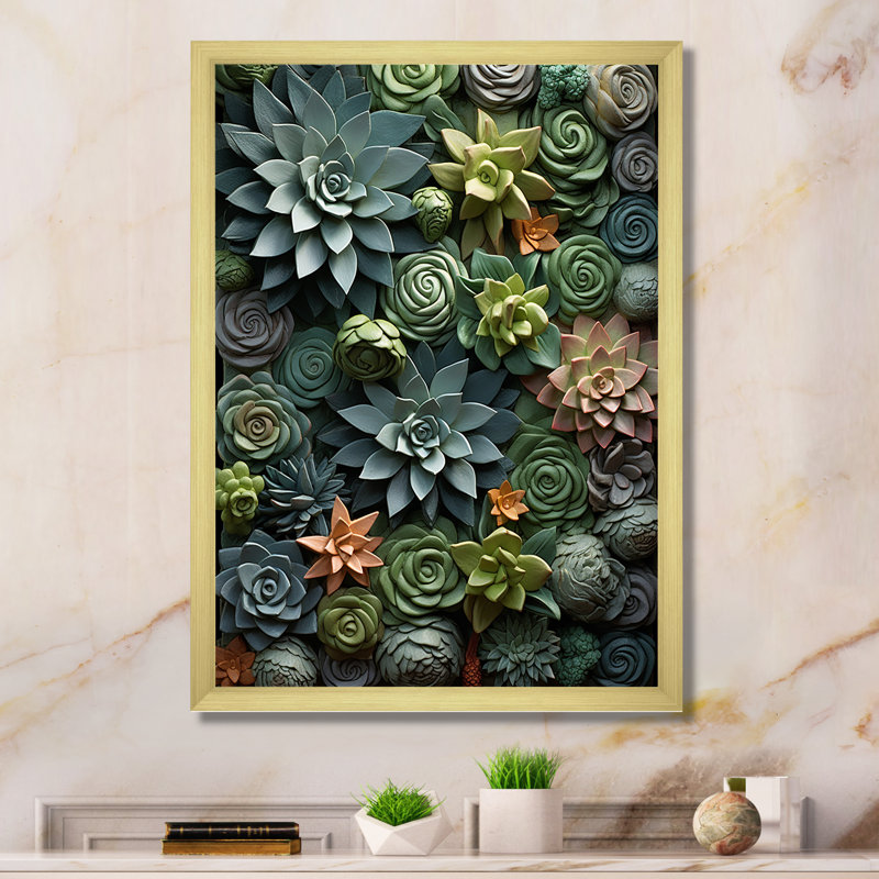 «Jelisia Green Succulents Natures», reproduction sur toile, H 44 po x l 34 po x P 1,5 po, Cadre doré simple