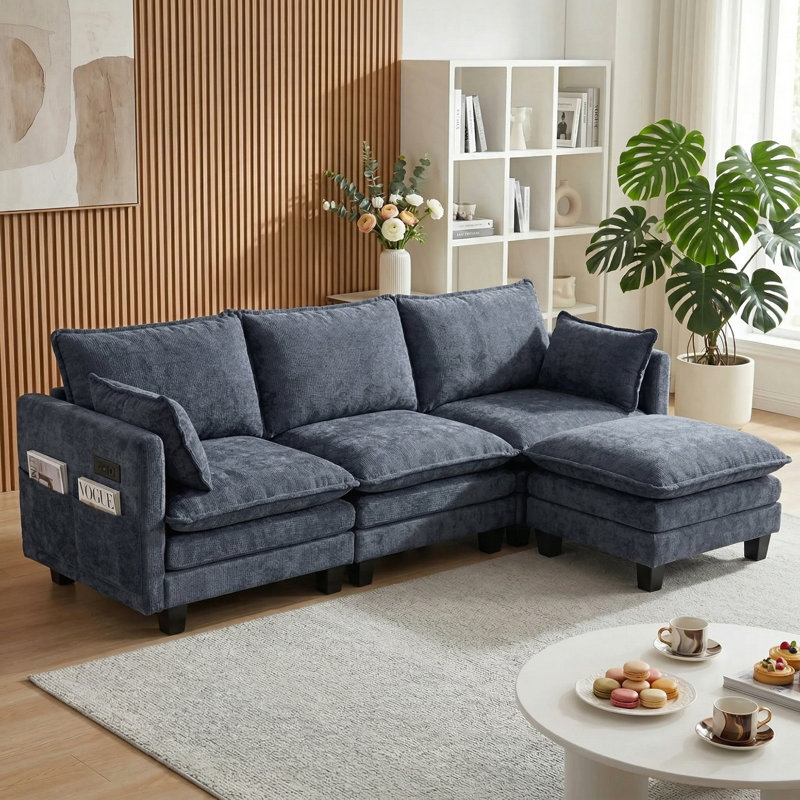Modular Sofa Set with Ottoman, USB Ports & Side Pockets