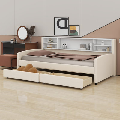 Lit plateforme simple tapissier avec tiroirs de rangement coulissants