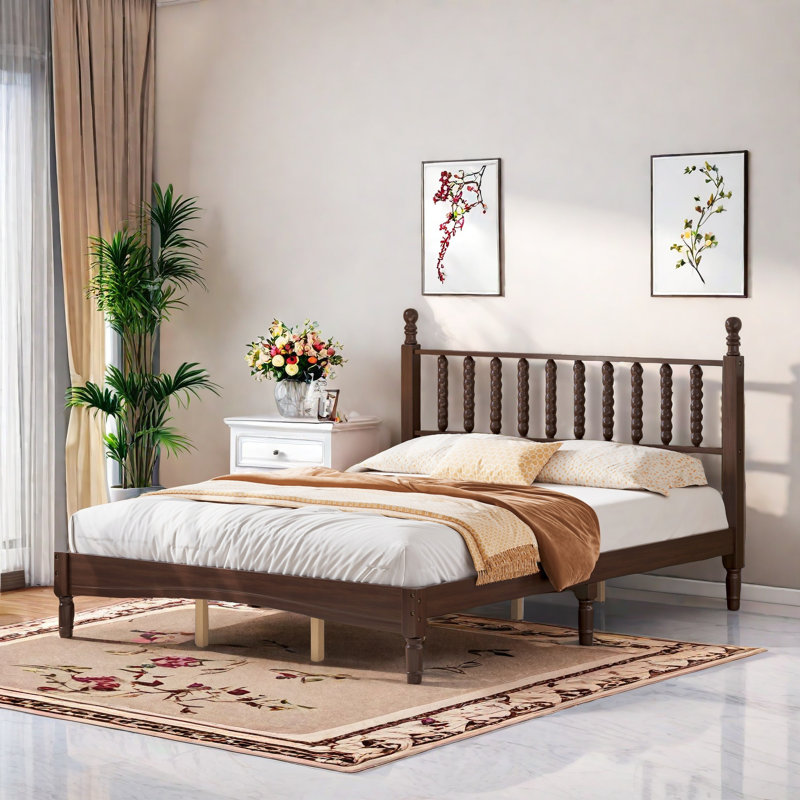 Rambha Standard Bed With Retro Headboard, Walnut, Queen
